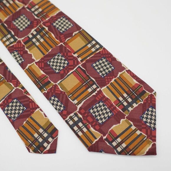 Perry Ellis Handmade Red Yellow Patchwork‎ Plaid Wide Print Silk Tie - Picture 1 of 8